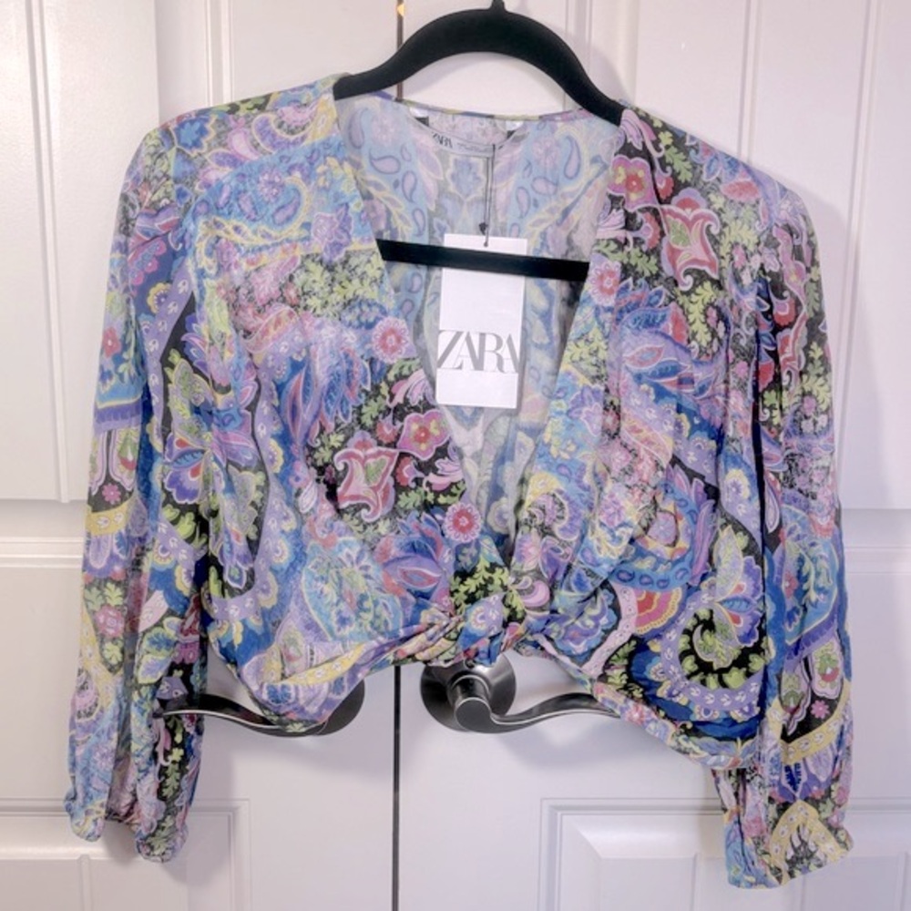 Zara Paisley Print Twisted Front Crop Top Size Large NWT